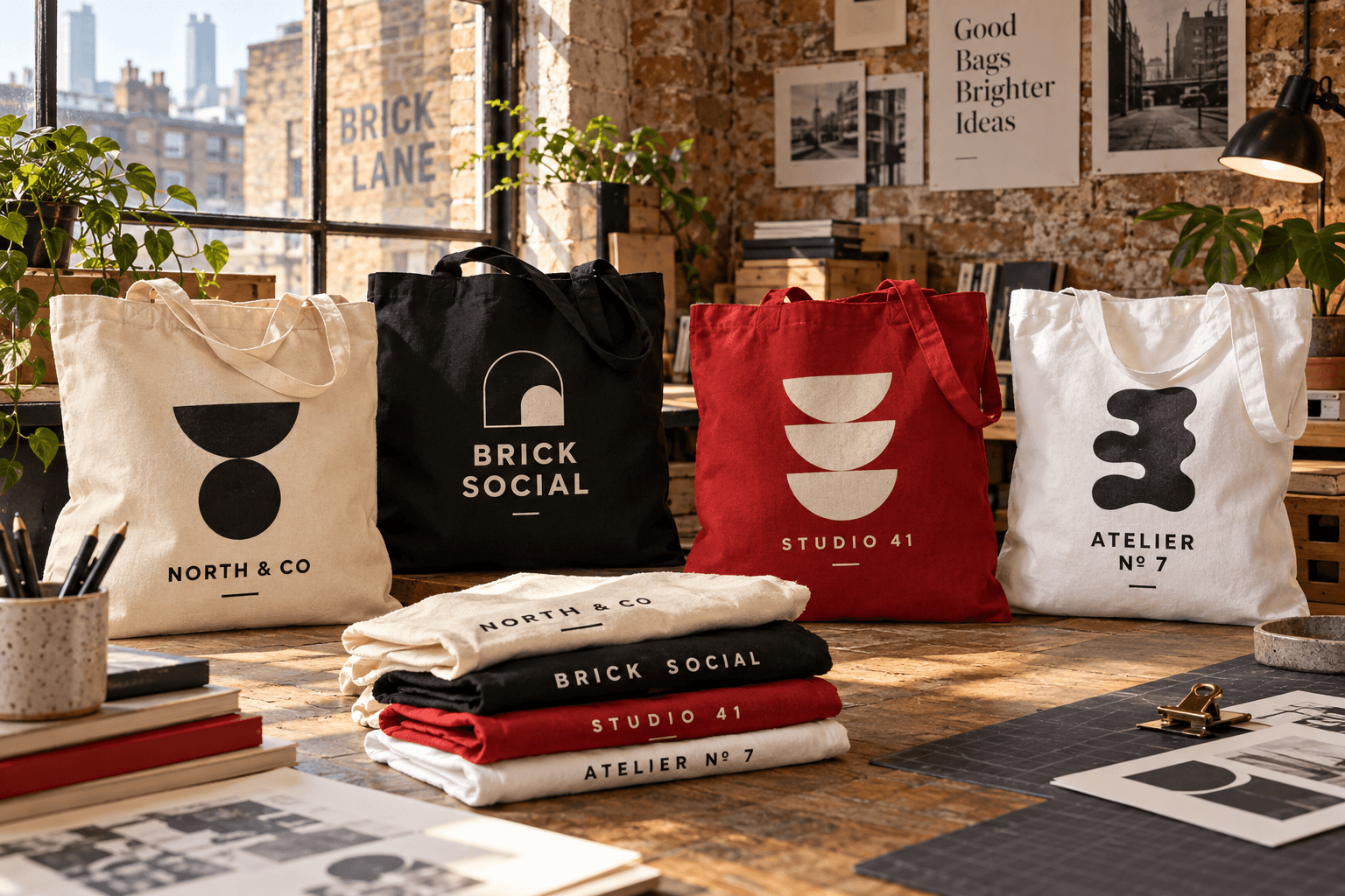 A studio display of cotton tote bags printed with clearly fictional company branding